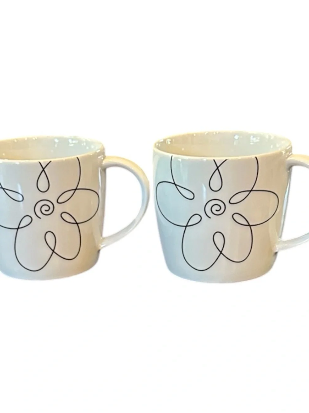 Crate&Barrel White Ceramic Mugs with Black Floral Line Design - Set of 2
